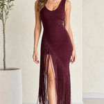 Women's Sleeveless Fringe Slit Maxi Dress