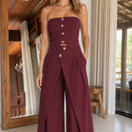 Strapless Button-Front Top and Pleated Wide-Leg Pants Two-Piece Set