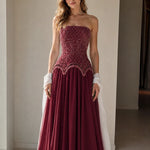 Strapless Beaded Corset Evening Gown with Scalloped Fringe & Chiffon Skirt