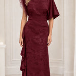 Embellished High-Neck Jacquard Maxi Dress with Flutter Sleeves and Cascade Ruffle