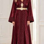 Elegant Embroidered Satin Kaftan Maxi Dress with Ornate Belt