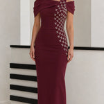 Asymmetrical Off-Shoulder Rhinestone Embellished Column Maxi Gown