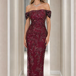 Off-the-Shoulder Floral Embroidered Beaded Maxi Evening Gown