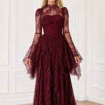 Long Sleeve Lace Corset Maxi Dress with Tassel Fringe and Cutout Back