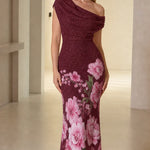 Floral Shimmer Asymmetrical Cowl Neck Evening Maxi Dress