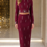 Rhinestone Embellished Long Sleeve Crop Top and Midi Skirt Two-Piece Set
