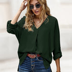 Zeagoo V-Neck Long Sleeve Buckle T-Shirt Plain Shirts Shirt Top Elegant Shirts Casual Slim Fit Basic