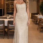 Strapless Corset Beaded Fringe Maxi Evening Gown
