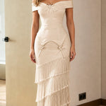 Elegance Tiered Fringe Off-Shoulder Evening Gown