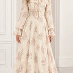 Floral Print Ruffled High-Neck Maxi Dress with Long Sleeves and Pearl Trim