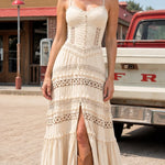 Boho Corset Bodice Tiered Maxi Dress with Lace Insets and Front Slit