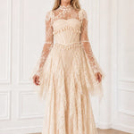 Long Sleeve Lace Corset Maxi Dress with Tassel Fringe and Cutout Back