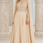 Elegant Beaded High-Neck Chiffon Evening Gown with Cape Sleeves