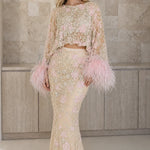 Embellished Two-Piece Feather Trim Crop Top and Maxi Skirt Set