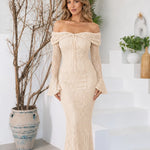 Off-the-Shoulder Floral Lace Mermaid Maxi Dress with Bell Sleeves