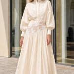 Embroidered Sheer Cutout Midi Shirt Dress with Lantern Sleeves