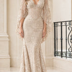 Floral Lace Cape Sleeve Mermaid Evening Gown with Corset Bodice