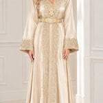 Elegant Embroidered Satin Kaftan Maxi Dress with Ornate Belt