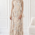 Floral Print Long Sleeve Chiffon Maxi Dress with Cascading Side Ruffles