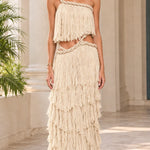 One-Shoulder Cutout Tiered Ruffle Maxi Dress with Braided Rope Trim
