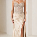 Sleeveless Beaded Corset Slit Formal Evening Dress