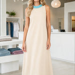 Sleeveless Beaded Trim A-Line Midi Dress