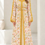 Floral Embroidered Moroccan Kaftan Maxi Dress with Belt