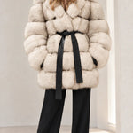 Women's Hooded Belted Faux Fur Coat with Tiered Plush Panels