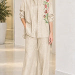 Women's Floral Embroidered Denim Shirt and Wide-Leg Pants Set