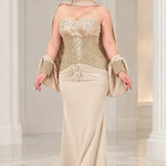 Strapless Sequin Corset Evening Gown with Embellished Cape Shawl