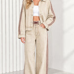 Women's Side Stripe Denim Jacket and Wide Leg Pants Two-Piece Set