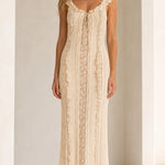 Women's Ruffled Lace Trim Maxi Dress with Lace-Up Back