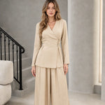 Women's Elegant Wrap Front Button Accent Blazer Top and Wide Leg Pants Two-Piece Set