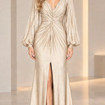 Deep V-Neck Pleated Long Sleeve Twist Front Evening Gown with Slit
