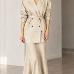 Women's Double-Breasted Belted Blazer and Flared Maxi Skirt 2-Piece Suit Set