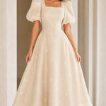 Square Neck Puff Sleeve Embroidered A-Line Midi Dress