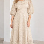 Floral Lace Puff Sleeve Scalloped Neck A-Line Midi Dress