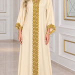 Embroidered Gold Trim V-Neck Kaftan Maxi Dress