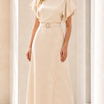 Elegant Lace-Trimmed Midi Dress with Belt