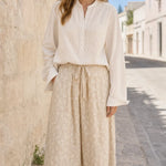 Women's Casual Two-Piece Long Sleeve Blouse and Printed Wide-Leg Pants Set
