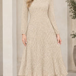 Women's Micro Dot Print Long Sleeve Midi Dress Elegant A-Line Pleated Hem Dress