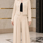 Star Embellished Cropped Jacket and Pleated Wide Leg Pants 2-Piece Suit Set