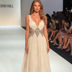 Pleated V-Neck Embellished Floor-Length Evening Gown