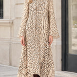 Elegant Tie-Neck Handkerchief Hem Maxi Dress with Long Sleeves