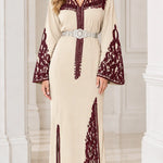 Embroidered Moroccan Caftan Maxi Dress with Ornate Belt and Flared Sleeves