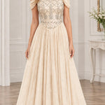 Off-the-Shoulder Beaded Bodice Tulle Formal Evening Gown