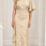 Embellished High-Neck Jacquard Maxi Dress with Flutter Sleeves and Cascade Ruffle