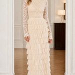 Elegant Lace Mock Neck Tiered Ruffle Maxi Dress