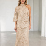 One-Shoulder High Neck Embellished Maxi Dress with Draped Flutter Sleeve