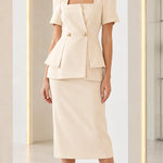 Square Neck Peplum Top and Midi Pencil Skirt Two-Piece Set